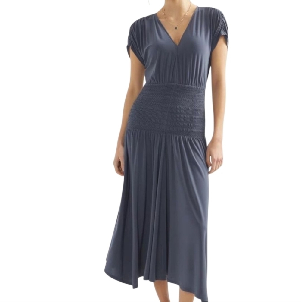 WHBM | Women's Classic Blue V-Neck Fit & Flare Midi Length Dress (Size 1X)